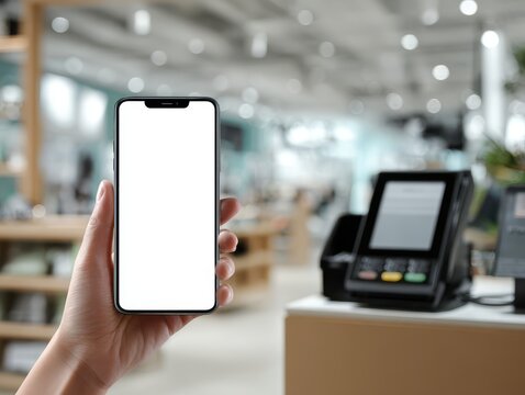 Hand holding smartphone with blank screen in modern retail store, blurred payment terminal, mobile payment concept