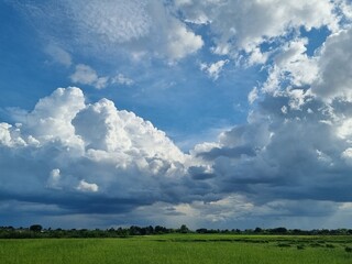 Dramatic Skies Over Green Field: Witness the power and serenity of nature as a field of vibrant green stretches beneath a dynamic, cloud-filled sky, capturing a moment of atmospheric beauty.