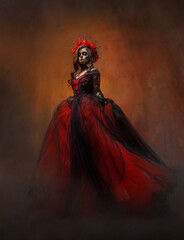 real person woman sugar skull make-up beauty face skeleton body art, red roses flowers crown on head. Black Halloween holiday gothic style luxury dress, Sexy Girl Calavera day of the dead santa muerte