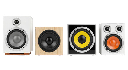 Fototapeta premium Four Different Speaker Boxes on Black Background audio isolated on a transparent background