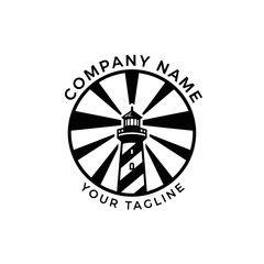 Black and White Lighthouse Logo Design with Radial Light Rays and Circular Text - A Minimalist Emblem for Company Branding and Guiding Identity, Flat Vector Elements, Vector Illustration, Simple