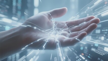 A hand emitting digital light trails in a futuristic technological environment