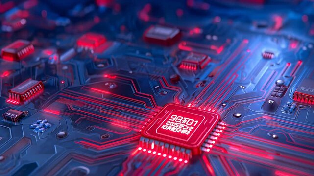 Glowing red-illuminated microprocessor embedded within complex circuit board, revealing sophisticated electronic interconnections and advanced technological infrastructure