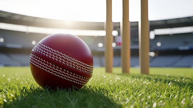 Cricket Ball On Green Grass Field Near Stumps