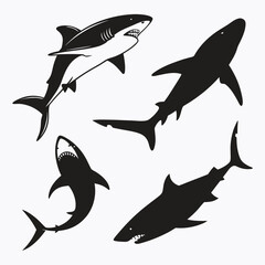 Black Silhouette Sharks In Dynamic Poses With Open Mouths Keywords: shark, ocean, sea