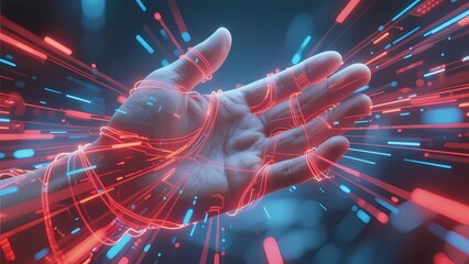 Human hand surrounded by glowing red and blue digital lines in a futuristic technological environment