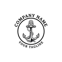 Nautical Anchor Logo Design with Rope and Curved Text, Black and White Marine Emblem Template on White Background, Flat Vector Elements, Vector Illustration, Simple Vector, Stylized Vector Drawing, © berkah nikah