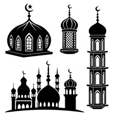 Black Silhouettes of Islamic Mosques and Minarets dome