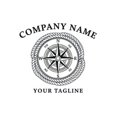 Nautical Compass Rose Logo with Rope Frame and Company Tagline on White Background, Flat Vector Elements, Vector Illustration, Simple Vector, Stylized Vector Drawing, Vector Template, Clean Vector