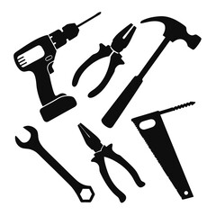 Black Silhouettes Of Various Hand Tools On White drill