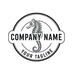 Black and White Seahorse Logo Emblem with Custom Company Name and Tagline for Marine or Aquatic Branding, Flat Vector Elements, Vector Illustration, Simple Vector, Stylized Vector Drawing, Vector