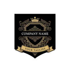Elegant Golden Ornate Crown and Shield Emblem Logo Design with Decorative Flourishes and Ribbon Banner, Flat Vector Elements, Vector Illustration, Simple Vector, Stylized Vector Drawing, Vector