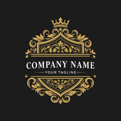 Elegant gold crest logo design with classic scrollwork, ornate shield, and customizable text banner, perfect for luxury branding and corporate identity., Flat Vector Elements, Vector Illustration,