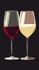Minimalist vector illustration of two wine glasses filled with red and white wine on black background artistic flat style design for beverage concept