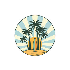 Retro Circular Beach Illustration with Palm Trees, Sunset, and Surfboard - Ideal Summer Vacation Graphic, Flat Vector Elements, Vector Illustration, Simple Vector, Stylized Vector Drawing, Vector