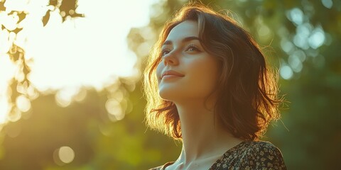 Serene Young Woman Enjoying Nature's Beauty in Soft Golden Light