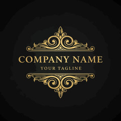 Luxurious Golden Company Logo and Tagline, Framed by Ornate Scrollwork on a Textured Background, Perfect for Elegant Branding and Premium Business Identity, Flat Vector Elements, Vector Illustration,