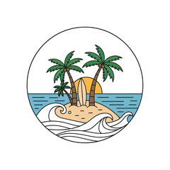 Tropical Beach Island Illustration with Palm Trees, Ocean Waves, Surfboard, and Sunset/Sunrise in a Circle Frame on White Background, Flat Vector Elements, Vector Illustration, Simple Vector,