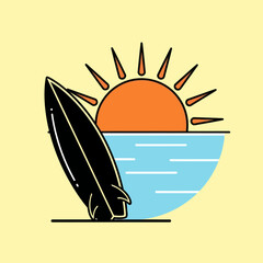 Minimalist summer illustration featuring a black surfboard on the beach, with an sun and blue ocean waves on a light yellow background, evoking a cheerful vacation vibe., Flat Vector Elements, Vector
