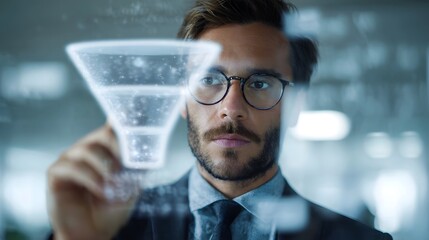 Businessman interacting with a digital funnel visualization on a transparent screen