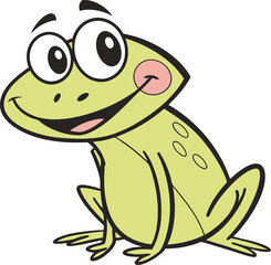 Fototapeta premium A light green frog. It has large, expressive eyes, a wide smile, and a subtle pink blush on its cheeks. The frog is drawn with bold black outlines and is sitting with its front legs tucked in.