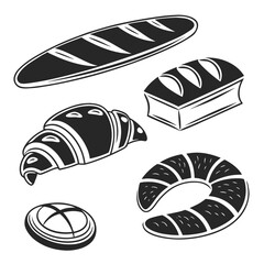 Collection of baked goods silhouettes on white background Keywords: bread, baguette, loaf