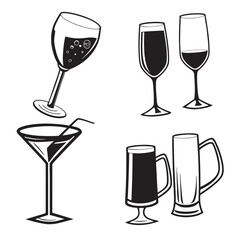 Collection of Black and White Beverage Glasses and Mugs