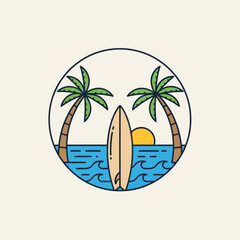 Vibrant Tropical Beach Illustration with Surfboard and Palm Trees in a Circular Frame, Symbolizing Summer Vacation and Island Life, Flat Vector Elements, Vector Illustration, Simple Vector, Stylized