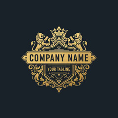 Luxurious Golden Lion Crest Logo with Royal Crown and Ornate Scrollwork for Premium Branding, Flat Vector Elements, Vector Illustration, Simple Vector, Stylized Vector Drawing, Vector Template, Clean