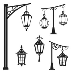 Collection of black silhouette street lamps and lanterns