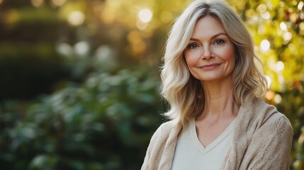 Fototapeta premium Confident Middle-Aged Woman Smiling in a Lush Garden Setting