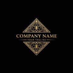 Elegant Golden Ornate Logo Design Template with Company Name and Tagline, featuring Classical Scrollwork Emblems in a Symmetrical Diamond Shape, Flat Vector Elements, Vector Illustration, Simple