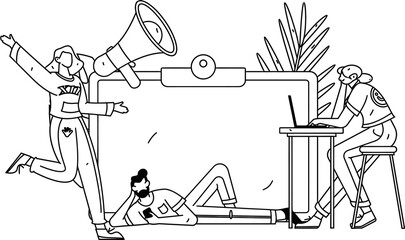 Dynamic team collaborates around a digital whiteboard and laptop, sparking innovation and communication for modern business success, capturing engagement and creative ideas visually.