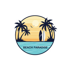 Tropical Beach Paradise Logo with Sunset, Palm Trees, Ocean, and Surfboard Silhouette on White Background, Flat Vector Elements, Vector Illustration, Simple Vector, Stylized Vector Drawing, Vector