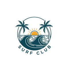 Minimalist Surf Logo with Palm Trees, Ocean Waves, and Sunrise on White Background - Tropical Beach Illustration, Flat Vector Elements, Vector Illustration, Simple Vector, Stylized Vector Drawing,