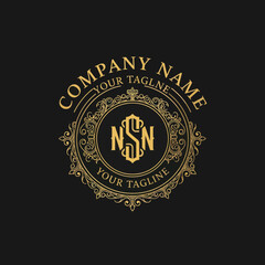 Ornate Golden NSN Monogram Logo with Elegant Scrollwork Frame for Luxury Branding and Corporate Identity, Flat Vector Elements, Vector Illustration, Simple Vector, Stylized Vector Drawing, Vector