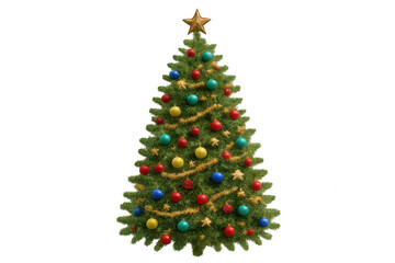 Fototapeta premium Decorated christmas tree with colorful ornaments, golden tinsel garland, and star topper isolated on transparent background