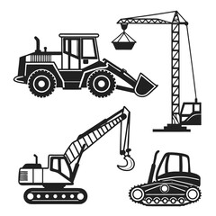 Construction Vehicles and Crane with Load Silhouettes