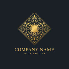 Luxury Golden Crown and Shield Logo with Ornate Filigree for Business Branding, Flat Vector Elements, Vector Illustration, Simple Vector, Stylized Vector Drawing, Vector Template, Clean Vector Style,
