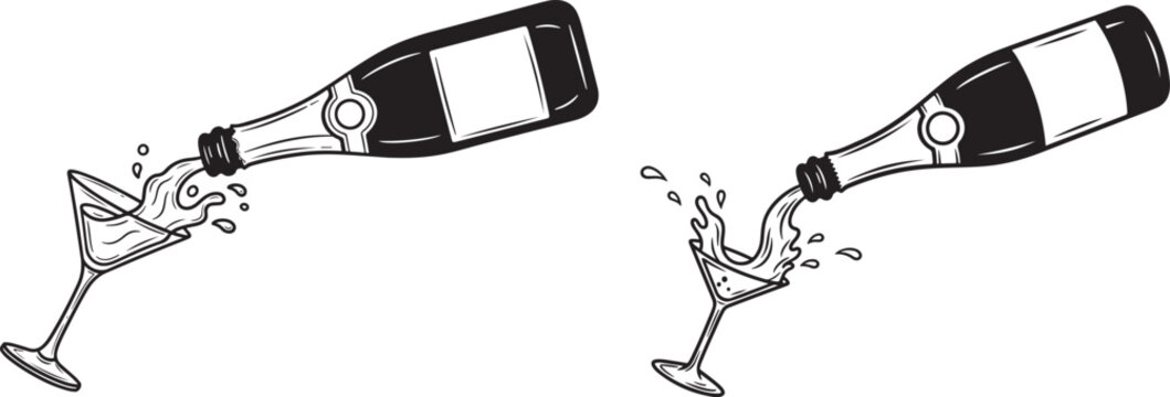 Champagne bottle pouring into two glasses silhouette