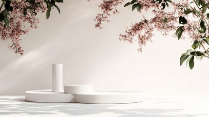 White podium display with pink flowers