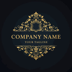 Elegant Golden Ornate Logo Design with Flourishes and Shield for Company Branding and Luxury Identity Template, Flat Vector Elements, Vector Illustration, Simple Vector, Stylized Vector Drawing,