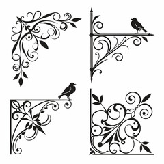 Decorative Corner Flourishes with Birds Silhouette