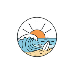 Minimalist Monoline Illustration of a Summer Beach Scene with Ocean Waves, Sun, and Sand within a Circular Frame, Flat Vector Elements, Vector Illustration, Simple Vector, Stylized Vector Drawing,