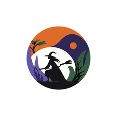 Witch silhouette on halloween night scene