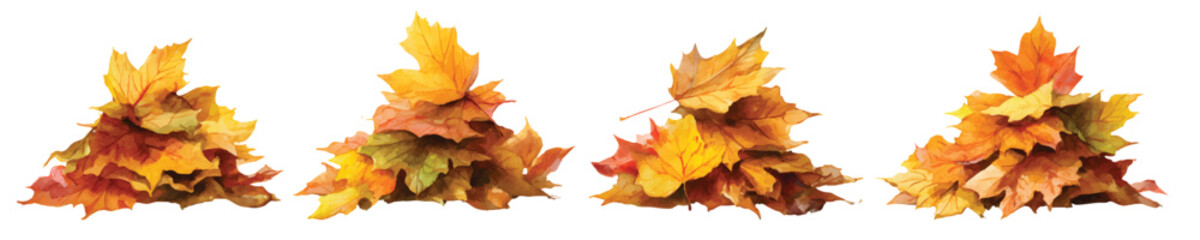 Fototapeta premium Dried autumn maple leaves stacked piles watercolor set isolated on transparent background
