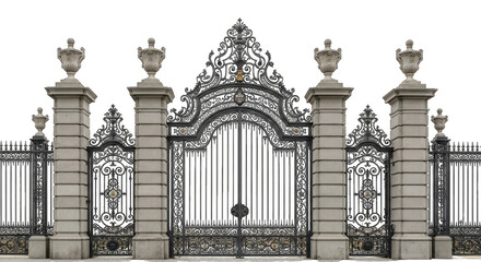 Ornate black wrought iron gate with stone pillars decorative isolated on a transparent background