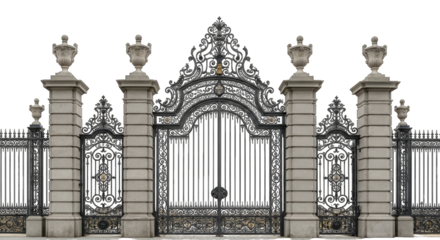Ornate black wrought iron gate with stone pillars decorative isolated on a transparent background
