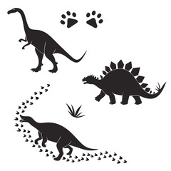 Dinosaur silhouettes and footprints on white background