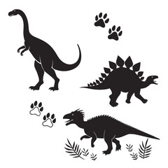 Dinosaur Silhouettes with Foliage and Paw Prints Keywords: dinosaur, silhouette, paw print